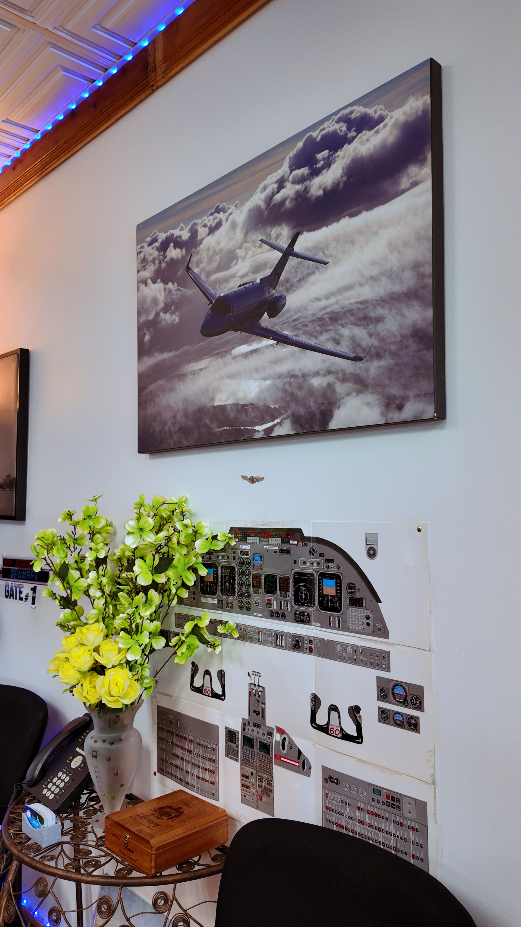 Private jet painting and cockpit instrument panel display at Jet Cafe
